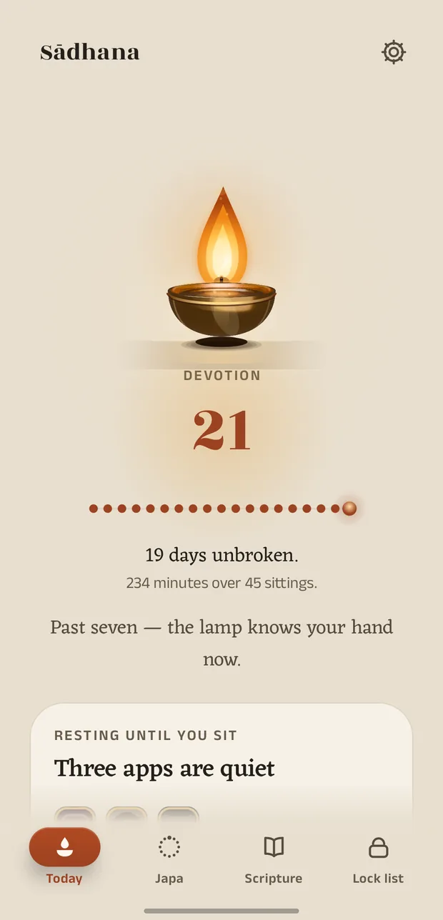 Today, showing the lamp, the devotion number and a thread of nineteen lit days.